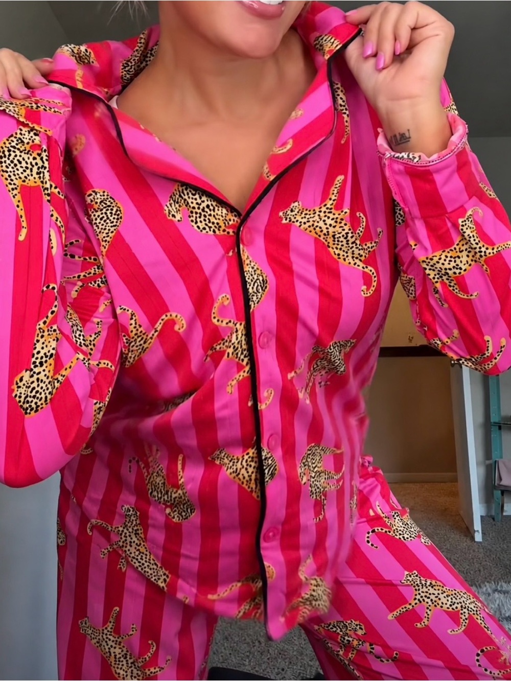 NWT Room Service Women's Pink Leopard Stripe Notch Collar Pajama Set S M L XL 2X